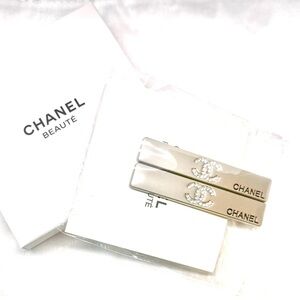 CHANEL Silver Hair Clips with Crystal Logo